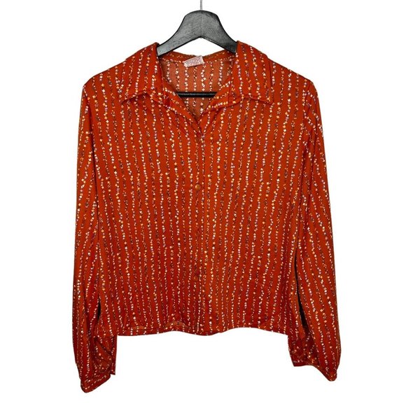 Vintage 70s Burnt Orange Micro Floral Stripe Button Up Long Sleeve Top Medium - Picture 1 of 6